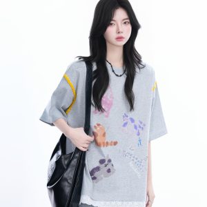 Women's Loose Cute Fake Two-Piece Lace Spliced Cat Graffiti Short Sleeve T-Shirt - Trendy Y2K Style