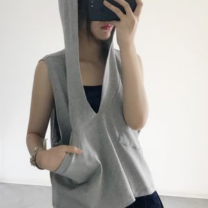 Women's Loose-Fitting Pure Cotton Sleeveless Hoodie Vest with Pockets - Casual Sports Top for Everyday Wear
