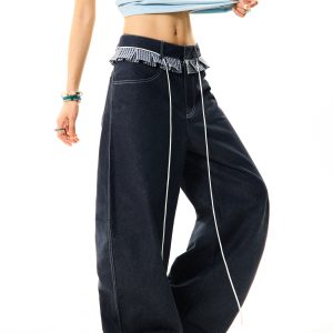 Women's Loose Wide-Leg Patchwork Plaid Ruffled Edge Curved Blade Jeans - American Style Fashion