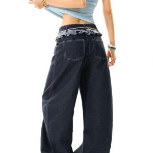 Women's Loose Wide-Leg Patchwork Plaid Ruffled Edge Curved Blade Jeans - American Style Fashion