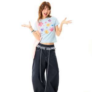 Women's Loose Wide-Leg Patchwork Plaid Ruffled Edge Curved Blade Jeans - American Style Fashion