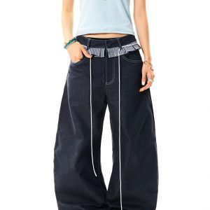 Women's Loose Wide-Leg Patchwork Plaid Ruffled Edge Curved Blade Jeans - American Style Fashion