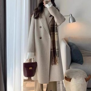 Women's Mid-Length Down Jacket with Cashmere Lining, 2024 Winter Thick Woolen Overcoat in Oatmeal Color