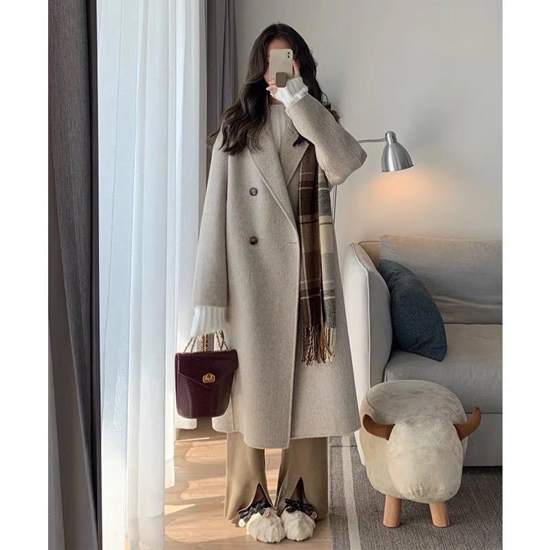 Women's Mid-Length Down Jacket with Cashmere Lining, 2024 Winter Thick Woolen Overcoat in Oatmeal Color