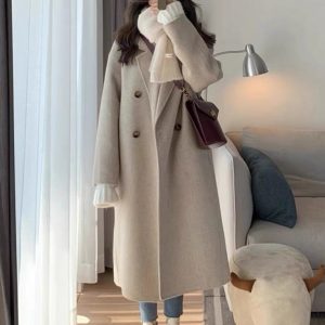 Women's Mid-Length Down Jacket with Cashmere Lining, 2024 Winter Thick Woolen Overcoat in Oatmeal Color