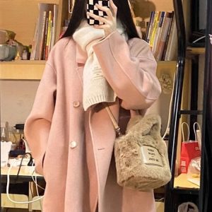 Women's Mid-Length Down Jacket with Cashmere Lining, 2024 Winter Thick Woolen Overcoat in Oatmeal Color