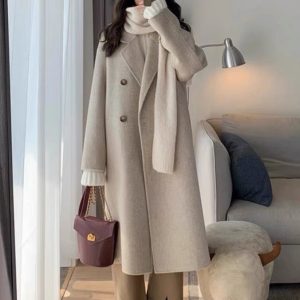 Women's Mid-Length Down Jacket with Cashmere Lining, 2024 Winter Thick Woolen Overcoat in Oatmeal Color