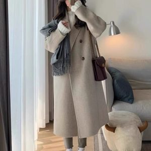 Women's Mid-Length Down Jacket with Cashmere Lining, 2024 Winter Thick Woolen Overcoat in Oatmeal Color