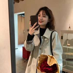 Women's Mid-Length Trench Coat 2025 - Chic Korean Plaid Design for Spring & Autumn, Small Size, Trendy Early Autumn Outerwear