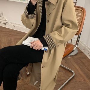 Women's Mid-Length Trench Coat 2025 - Chic Korean Plaid Design for Spring & Autumn, Small Size, Trendy Early Autumn Outerwear