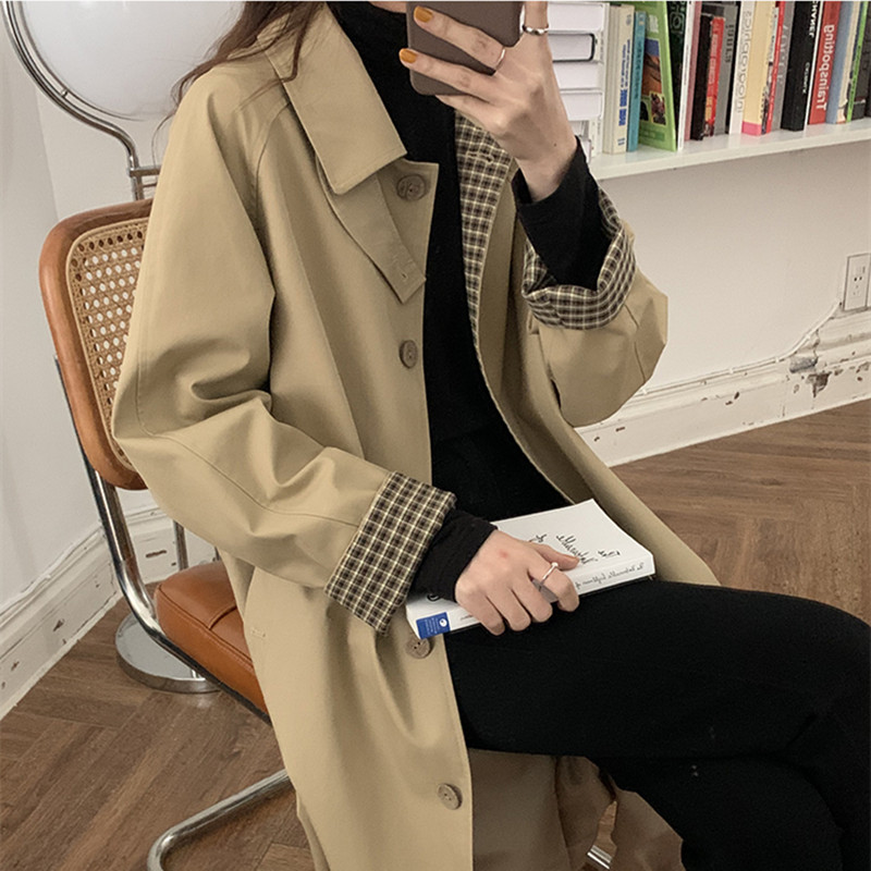 Women's Mid-Length Trench Coat 2025 - Chic Korean Plaid Design for Spring & Autumn, Small Size, Trendy Early Autumn Outerwear