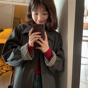 Women's Mid-Length Trench Coat 2025 - Chic Korean Plaid Design for Spring & Autumn, Small Size, Trendy Early Autumn Outerwear