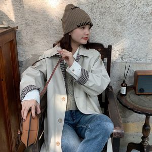 Women's Mid-Length Trench Coat 2025 - Chic Korean Plaid Design for Spring & Autumn, Small Size, Trendy Early Autumn Outerwear