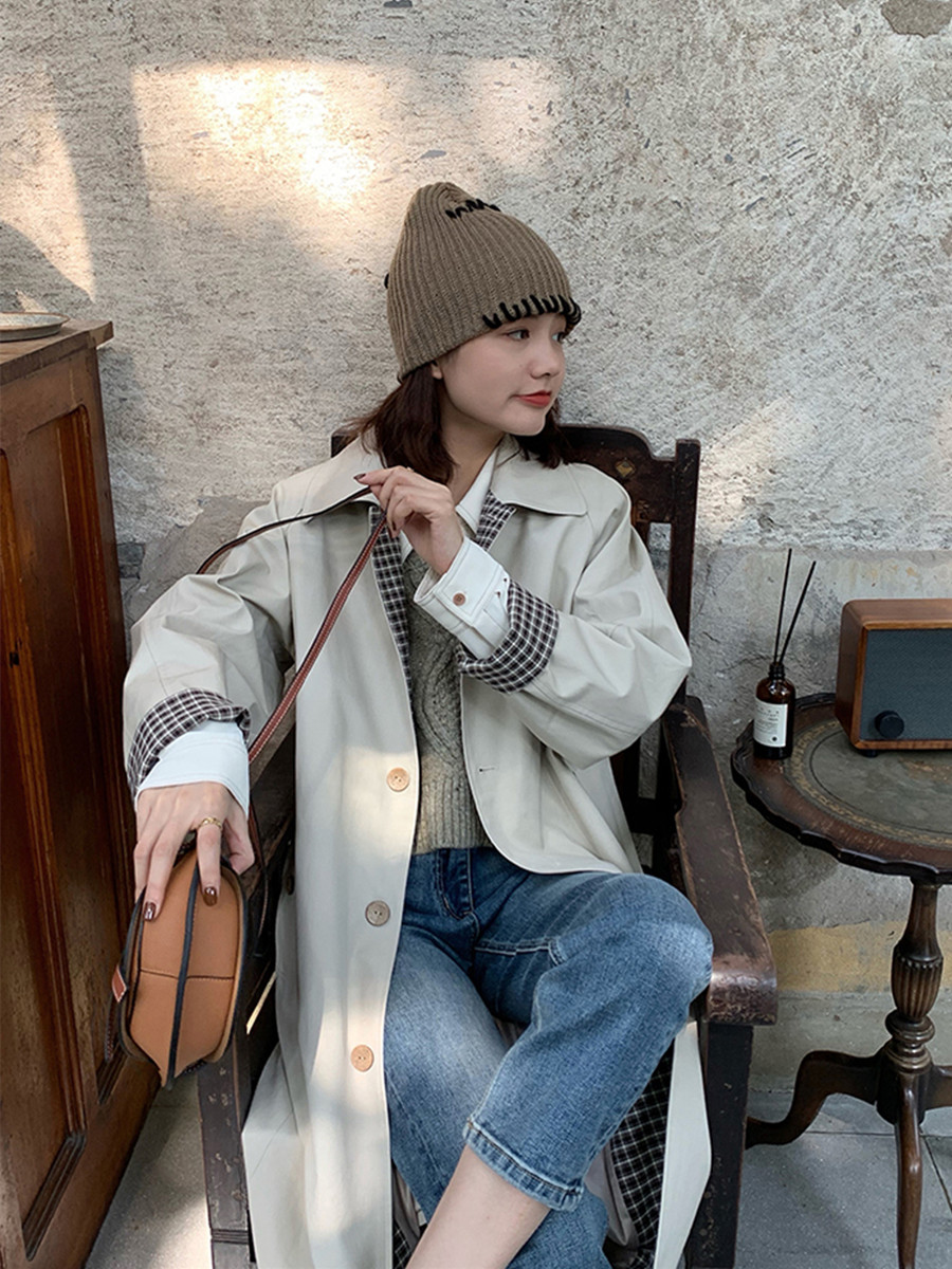 Women's Mid-Length Trench Coat 2025 - Chic Korean Plaid Design for Spring & Autumn, Small Size, Trendy Early Autumn Outerwear Women's Mid-Length Trench Coat 2025 - Chic Korean Plaid Design for Spring & Autumn, Small Size, Trendy Early Autumn Outerwear