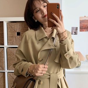 Women's Mid-Length Trench Coat in Khaki - Petite Size, 2024 Korean Style, British-Inspired for Spring and Autumn Fashion