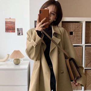 Women's Mid-Length Trench Coat in Khaki - Petite Size, 2024 Korean Style, British-Inspired for Spring and Autumn Fashion