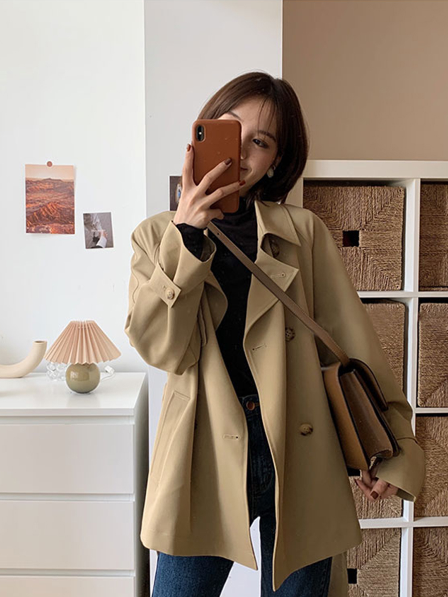 Women's Mid-Length Trench Coat in Khaki - Petite Size, 2024 Korean Style, British-Inspired for Spring and Autumn Fashion Women's Mid-Length Trench Coat in Khaki - Petite Size, 2024 Korean Style, British-Inspired for Spring and Autumn Fashion