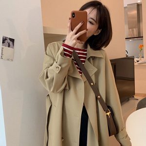 Women's Mid-Length Trench Coat in Khaki - Petite Size, 2024 Korean Style, British-Inspired for Spring and Autumn Fashion