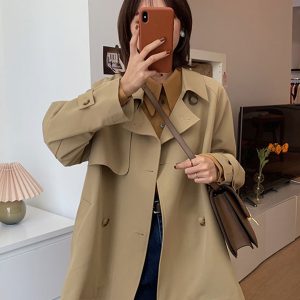 Women's Mid-Length Trench Coat in Khaki - Petite Size, 2024 Korean Style, British-Inspired for Spring and Autumn Fashion