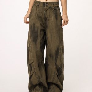 Women's Military Green Loose Straight Wide-Leg Casual Flared Jazz Dance Pants - Comfortable Work Pants for Y2K Style