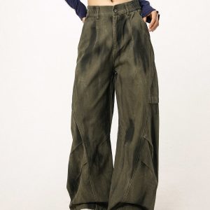Women's Military Green Loose Straight Wide-Leg Casual Flared Jazz Dance Pants - Comfortable Work Pants for Y2K Style