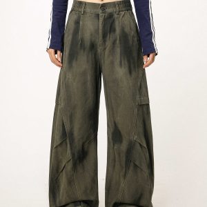 Women's Military Green Loose Straight Wide-Leg Casual Flared Jazz Dance Pants - Comfortable Work Pants for Y2K Style