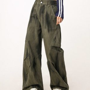 Women's Military Green Loose Straight Wide-Leg Casual Flared Jazz Dance Pants - Comfortable Work Pants for Y2K Style
