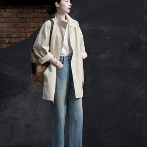 Women's Minimalist Casual Trench Coat for Petite - 2025 Spring Autumn Japanese Workwear with Luxe Feel