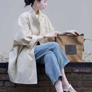 Women's Minimalist Casual Trench Coat for Petite - 2025 Spring Autumn Japanese Workwear with Luxe Feel