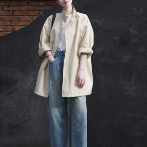 Women's Minimalist Casual Trench Coat for Petite - 2025 Spring Autumn Japanese Workwear with Luxe Feel