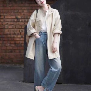 Women's Minimalist Casual Trench Coat for Petite - 2025 Spring Autumn Japanese Workwear with Luxe Feel