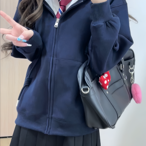 Women's Navy Blue Loose Hooded Sweatshirt, Wine Red Thick Zip-Up Cardigan, Light Gray JK Jacket for Spring & Autumn Fashion