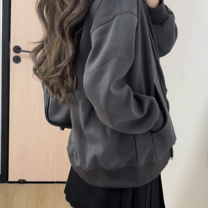 Women's Navy Blue Loose Hooded Sweatshirt, Wine Red Thick Zip-Up Cardigan, Light Gray JK Jacket for Spring & Autumn Fashion