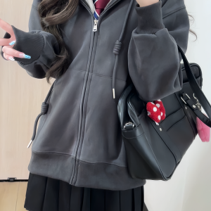 Women's Navy Blue Loose Hooded Sweatshirt, Wine Red Thick Zip-Up Cardigan, Light Gray JK Jacket for Spring & Autumn Fashion