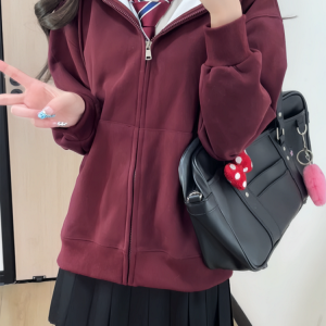 Women's Navy Blue Loose Hooded Sweatshirt, Wine Red Thick Zip-Up Cardigan, Light Gray JK Jacket for Spring & Autumn Fashion