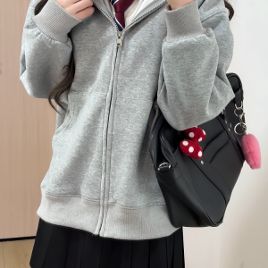 Women's Navy Blue Loose Hooded Sweatshirt, Wine Red Thick Zip-Up Cardigan, Light Gray JK Jacket for Spring & Autumn Fashion