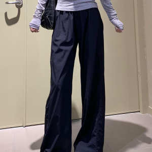 Women's Navy Blue Wide-Leg High-Waisted Casual Work Pants - 2025 Summer American Style Loose Fit Sports Trousers