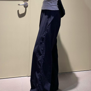 Women's Navy Blue Wide-Leg High-Waisted Casual Work Pants - 2025 Summer American Style Loose Fit Sports Trousers