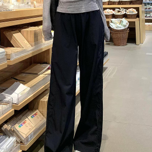 Women's Navy Blue Wide-Leg High-Waisted Casual Work Pants - 2025 Summer American Style Loose Fit Sports Trousers