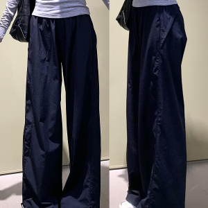 Women's Navy Blue Wide-Leg High-Waisted Casual Work Pants - 2025 Summer American Style Loose Fit Sports Trousers