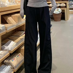 Women's Navy Blue Wide-Leg High-Waisted Casual Work Pants - 2025 Summer American Style Loose Fit Sports Trousers