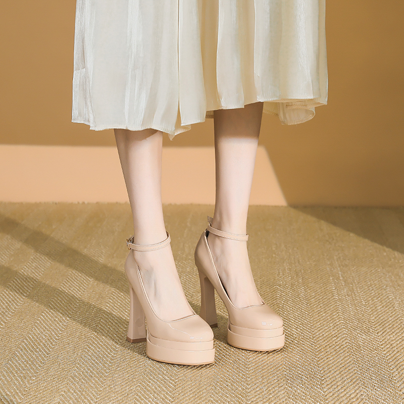 Women's Nude Patent Leather Square Toe Strap Shoes with 11CM Chunky Heel - Stylish Platform Footwear for 2025