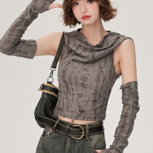 Women's Off-Shoulder Hooded Tank Top - Spicy Girl Wasteland Style, Summer Short Set, American 90s Fashion