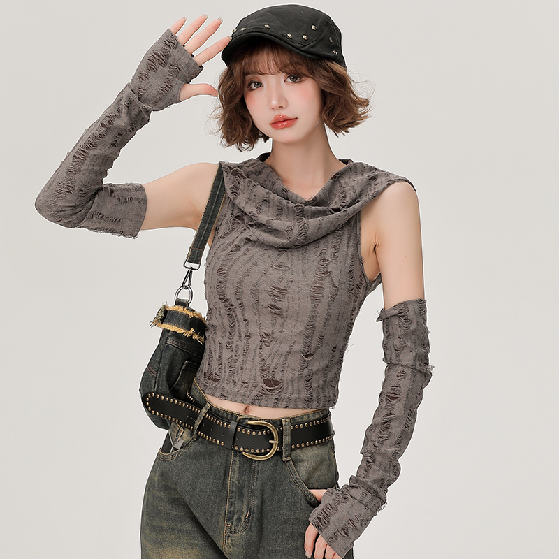 Women's Off-Shoulder Hooded Tank Top - Spicy Girl Wasteland Style, Summer Short Set, American 90s Fashion