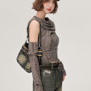 Women's Off-Shoulder Hooded Tank Top - Spicy Girl Wasteland Style, Summer Short Set, American 90s Fashion