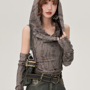 Women's Off-Shoulder Hooded Tank Top - Spicy Girl Wasteland Style, Summer Short Set, American 90s Fashion