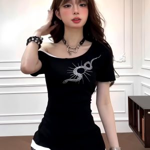 Women's Off-Shoulder Short Sleeve T-Shirt - Fake Two-Piece Design, Slim Fit, Waist-Cinching, Sexy Rhinestone Snake Detail, Summer Style