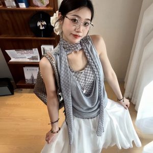 Women's Off-Shoulder Spliced Fake Two-Piece T-Shirt, Summer Plaid Sleeveless Vest, Chic Sexy Casual Top
