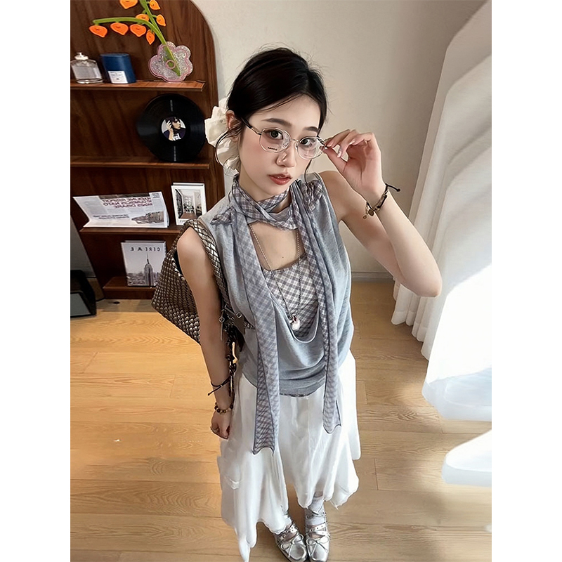 Women's Off-Shoulder Spliced Fake Two-Piece T-Shirt, Summer Plaid Sleeveless Vest, Chic Sexy Casual Top