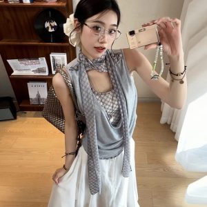 Women's Off-Shoulder Spliced Fake Two-Piece T-Shirt, Summer Plaid Sleeveless Vest, Chic Sexy Casual Top